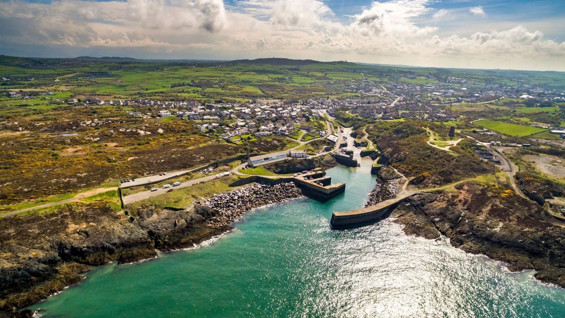 Aerial view of Amlwch Harbour on Anglesey, North Wales, UK