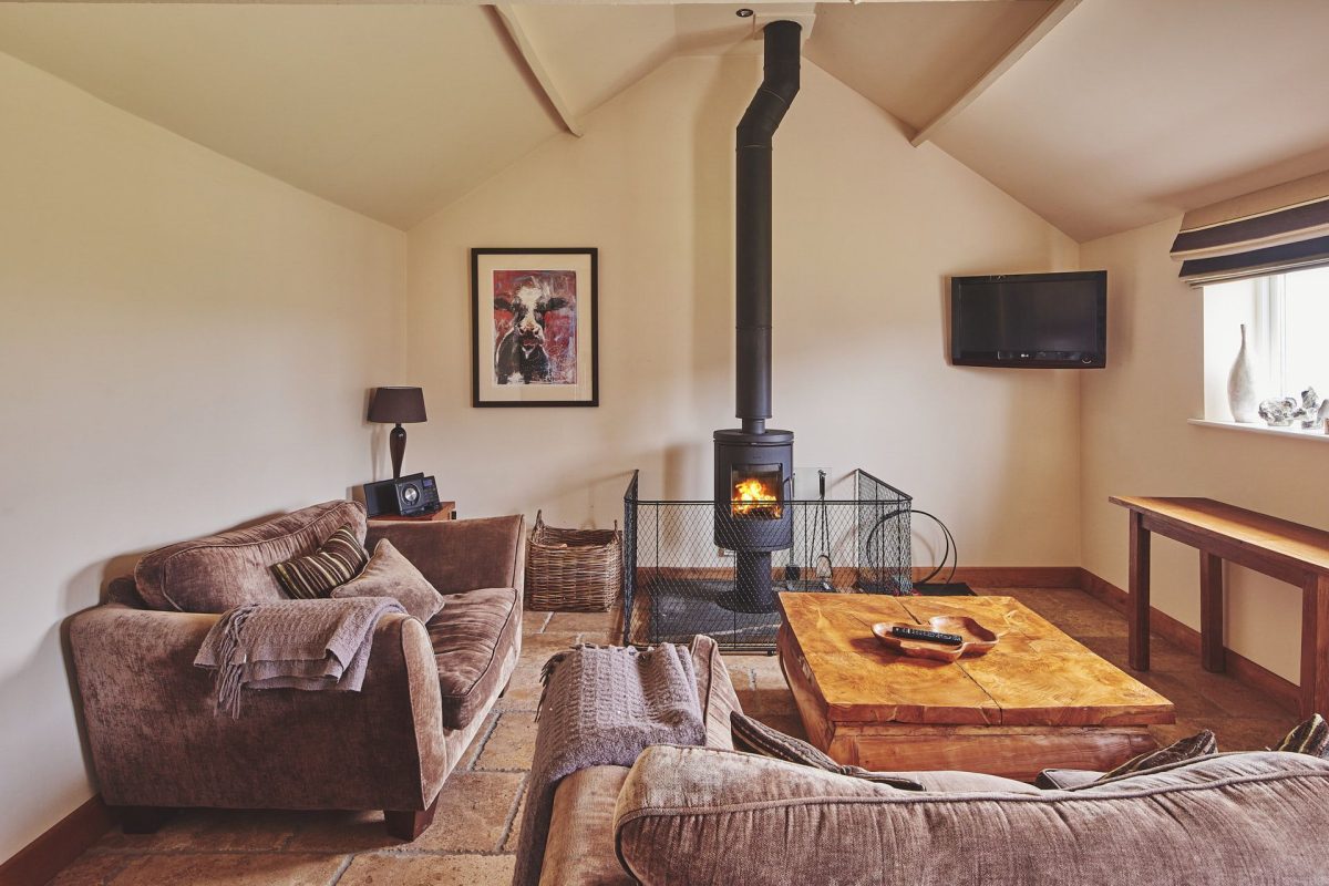 The living room with log burner at Barn Owl Lodge, Peak District