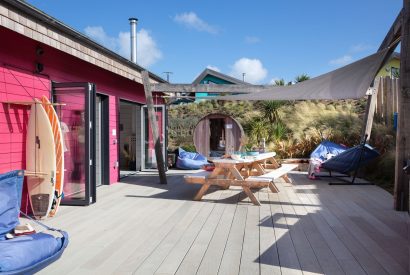 The sauna and patio at Duna, Cornwall