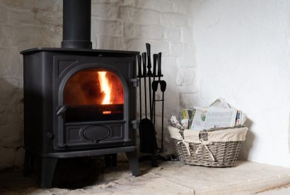 The log-burning stove in the reception room at Fig Tree Cottage, Cotswolds