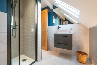 The shared bathroom with a shower at Pilgrim Cottage, Cheshire