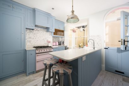 The powder blue kitchen at Waters Dream, Devon