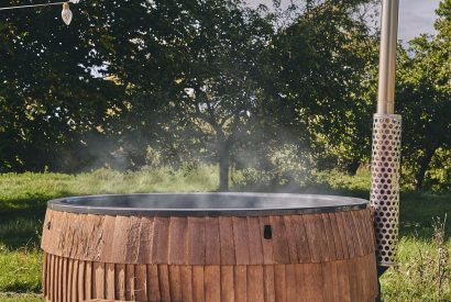 The wood-fired hot tub at Orchard Snug, Somerset