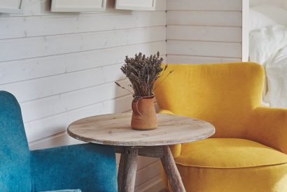 The blue and yellow armchairs at Orchard Snug, Somerset