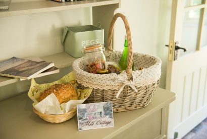 A welcome basket at The Old Mill, Worcestershire