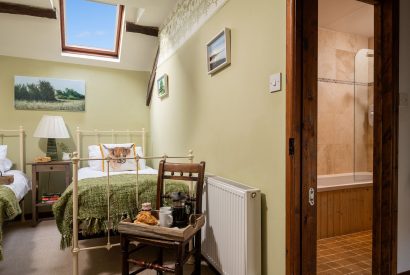 A twin bedroom with ensuite at Honey Buzzard Farmhouse, Devon