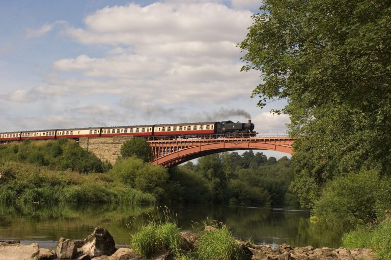 Steam train on the Severn Valley Railway crossing Victoria Bridge in Worcestershire