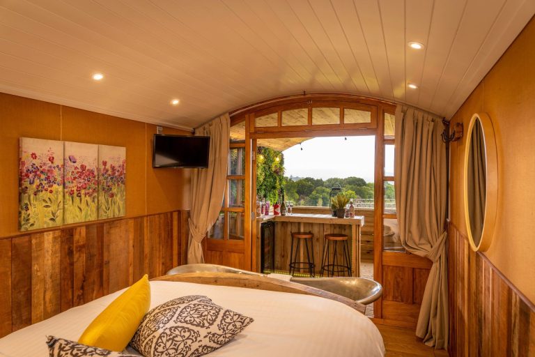 Bed-and-View-at-Ashwood-Shepherds-Hut-Worcestershire