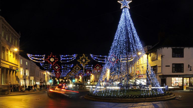 Christmas lights in a town in Stratford-upon-Avon