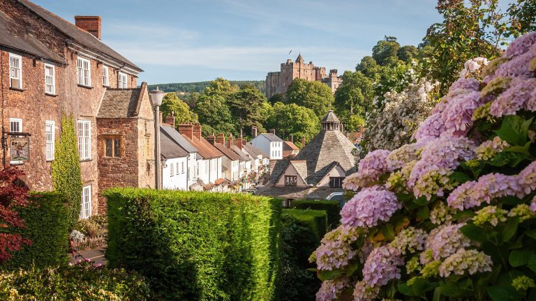 a row of houses leading to a castle in Dunster