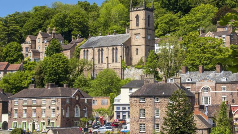 The town of Ironbridge with church on the hill