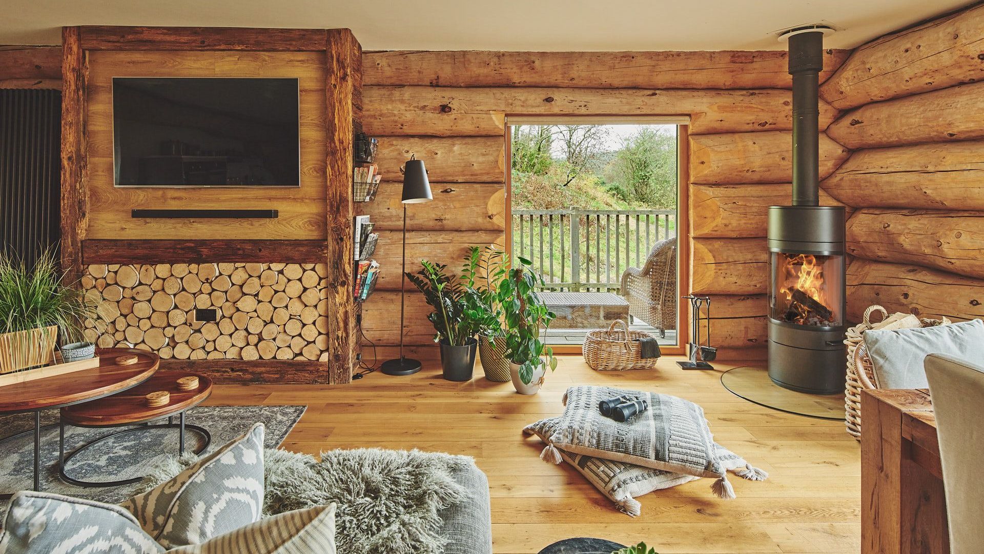 Lounge of Larch Cabin in Cumbria decorated in Scandi-chic style