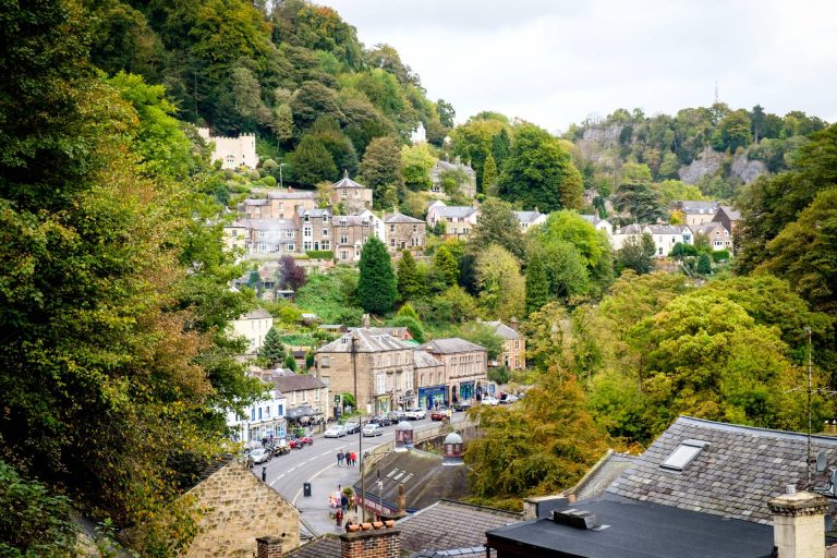 High street and town on a hill in Matlock Bath