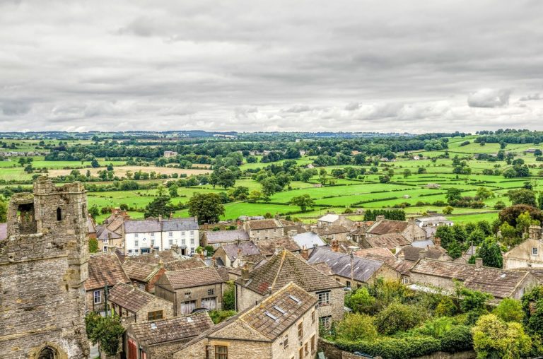 Ariel view of a small Yorkshire town and countryside