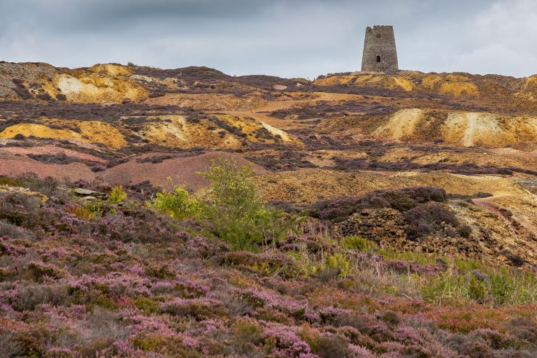 Colourful rocks in the landscape at Parys Mountain, a former copper mine near Amlwch On Anglesey