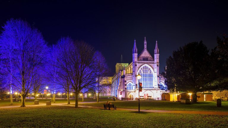 Winchester Cathedral lit up at night