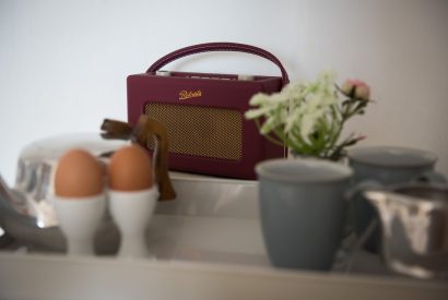 The kitcehn counter with a radio, boiled eggs and mugs at Hempston Cottage, Devon