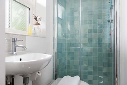 A bathroom with a shower at Hempston Cottage, Devon