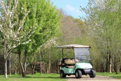A golf kart surrounded by woodland at Brickworks and Vines, Isle of Wight