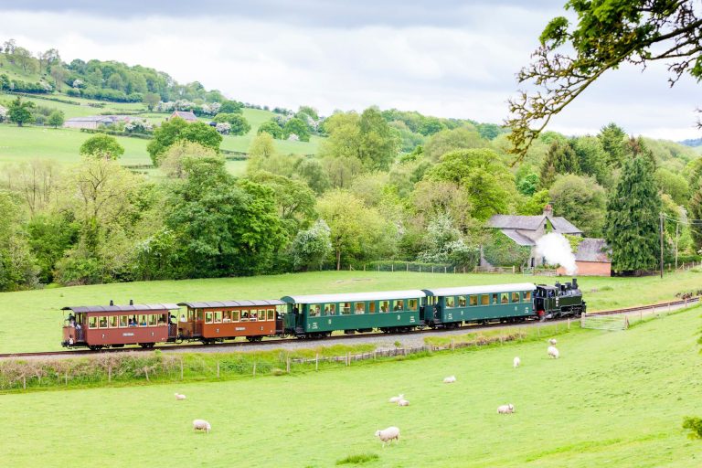 Steam train travelling through the countryside along the Welshpool and Llanfair Light Railway, Powys Wales