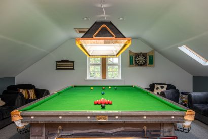 The pool table in the games room at Tinkers Folly, Yorkshire