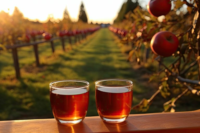 Two glasses of cider with an apple orchard in the background floodlit by the autumn sun