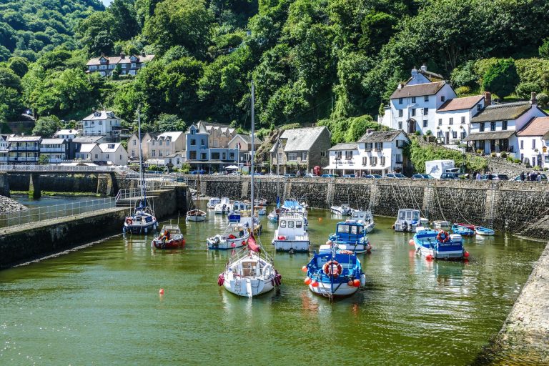 Fishing boats bobbing on the water at Lynmouth in Exmoor