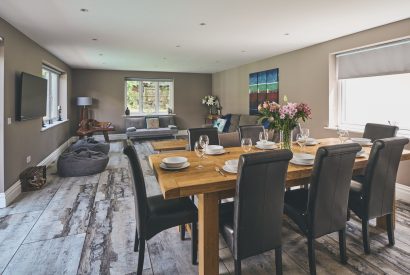 The open-plan dining and living room at Sharnbrook Retreat, Bedfordshire