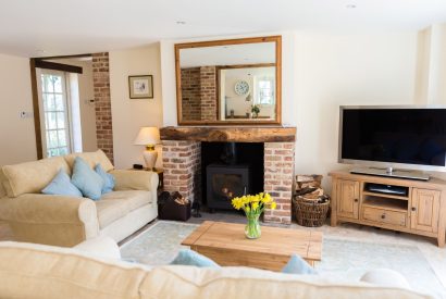 The living room with a log burner at Brightwaters Stables, Hampshire