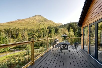 The balcony and view from Pine Cabin, Loch Lomond