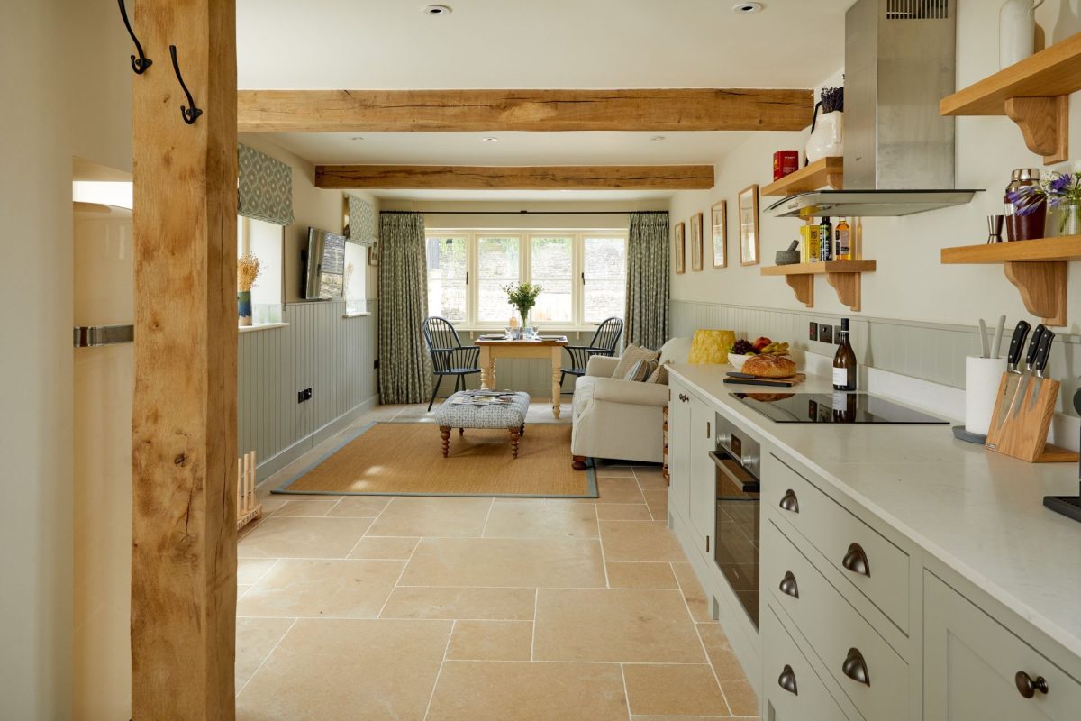 The kitchen and living room at Haymaker Barn, Cotswolds
