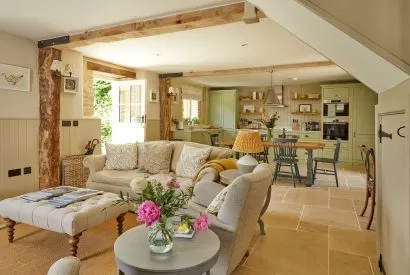 The living room and kitchen at Orchard Stable, Cotswolds