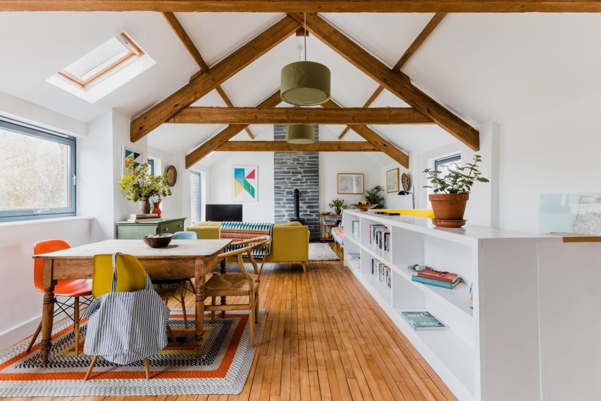 Open plan living space at Trefoil Barn, Bude, Cornwall