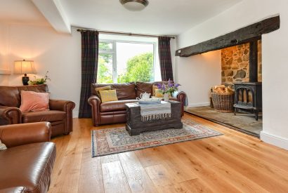 The living room with log burner at Plas Newydd, Llyn Peninsula