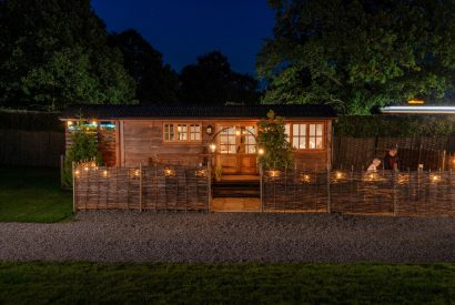 The exterior at night at The Shepherd's Retreat, Worcestershire