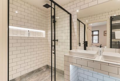 A shower room at The Great Hall, Chapmanslade, Wiltshire