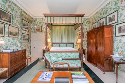 A four poster bedroom at Broughton Hall, Yorkshire Dales