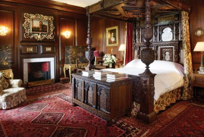 A four poster bedroom at Broughton Hall, Yorkshire Dales