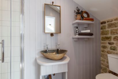 A shower room at Penelope's Tower, Wiltshire