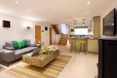 The open plan living room and kitchen at Shepherd's View, Lake District