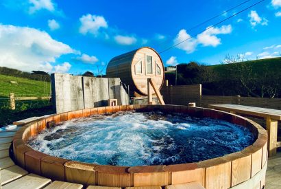 The hot tub and sauna at Seascape House, Cornwall