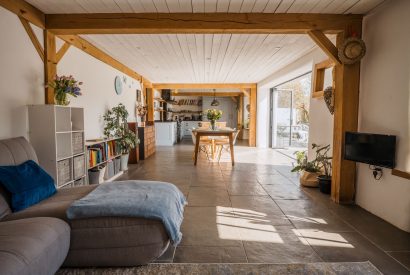 The vast open plan living area at Wisteria Farmhouse, Cornwall