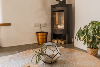The log burner at Wisteria Farmhouse, Cornwall