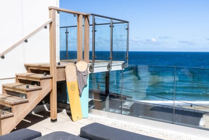 Beach views from the balcony at Tides Edge, Cornwall