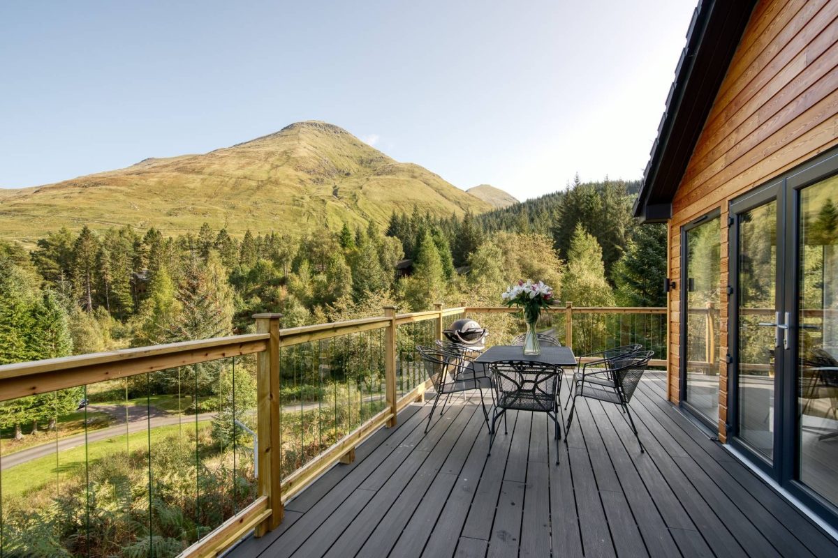 The balcony and view from Pine Cabin, Loch Lomond