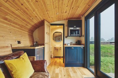 The kitchen and living area at Padley Cabin, Peak District