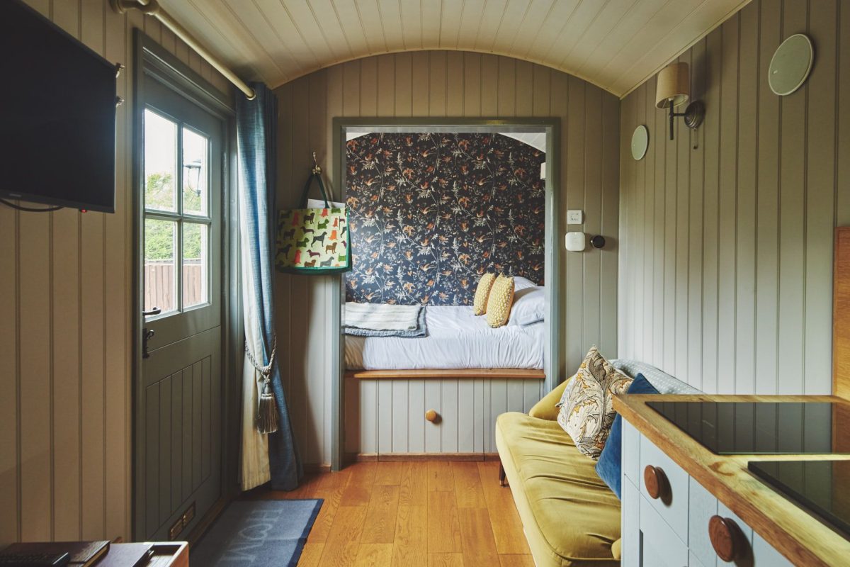 The living area and bedroom at Falcon's Hut, Peak District