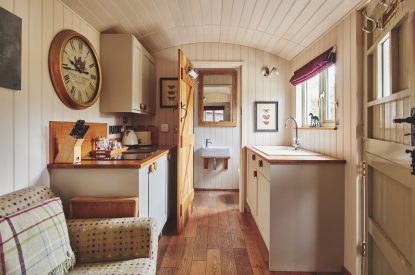 The kitchen and living space at Eagles Hut, Peak District