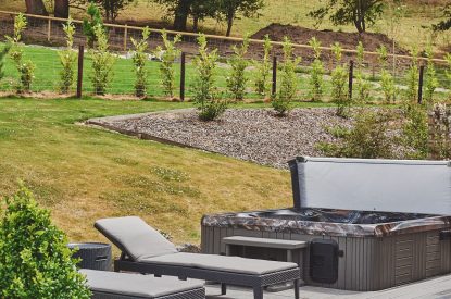 The sun terrace and hot tub at Middle Tumble Cottage, Shropshire Hills