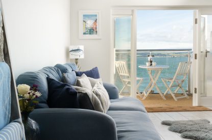 The hand-crafted sofa in the living room at Waters Dream, Devon